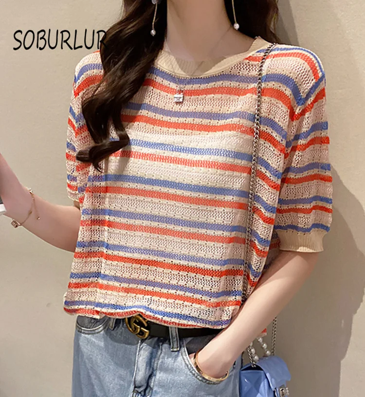 SOBURLUR  Crop Tops  Short sleeve T-shirt  Women's T-shirt Oversized  T-shirt  Woman Clothes  Knitting  Loose Top  2021 Summer