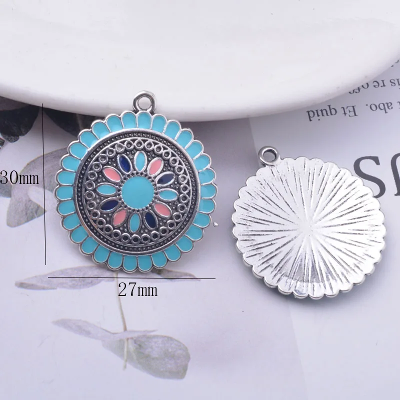 12 Stück/Set 30*27mm Legierung Antik Silberfarben plattiert Runde Emaille-Anhänger Ohranhänger DIY Bohemian-Stil Schmuck Ohrring-Komponenten – Detail 7