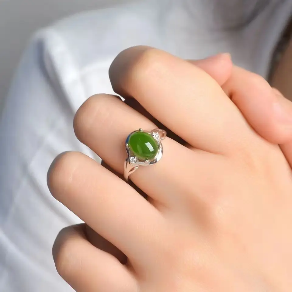100% Real green hetian jade ring  Jasper ring  rings resizable emerald ring 925 sterling silver ring women ringgs