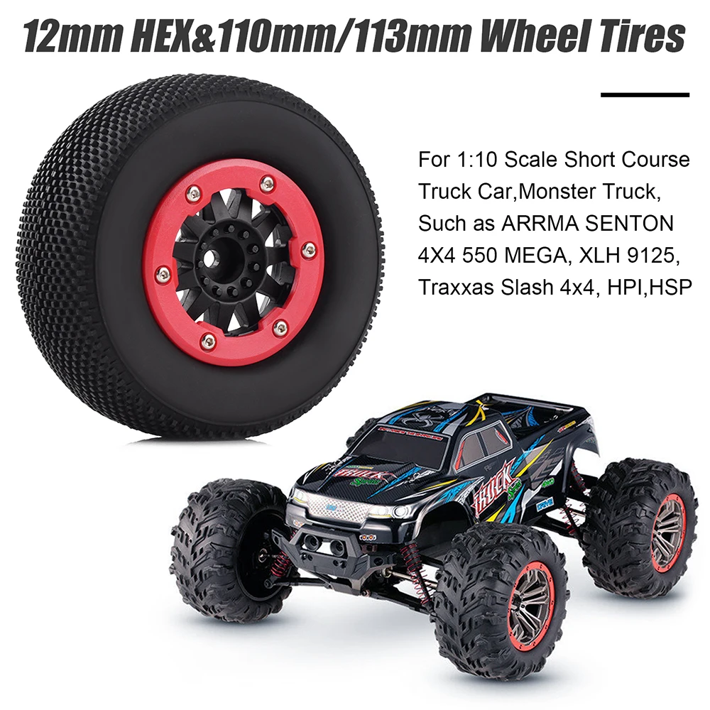 110mm RC Car Beadlock Rubber Tires Wheel Rim Set for 1/10 Short Course Truck ARRMA SENTON 550 MEGA XLH 9125 Traxxas Slash