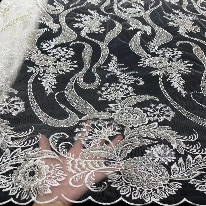 

High Quality Heavy Handmade Embroidery Nigerian Wedding Lace Sequins Fabric African Beaded Lace Fabric For Party Dress ML8547