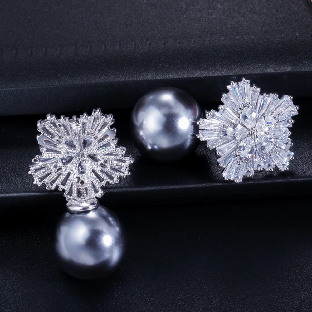 ThreeGraces Famous Designer Jewelry Sparkling Snow Flower Cubic Zirconia Crystal Setting Big Pearl Stud Earrings for Women E0006