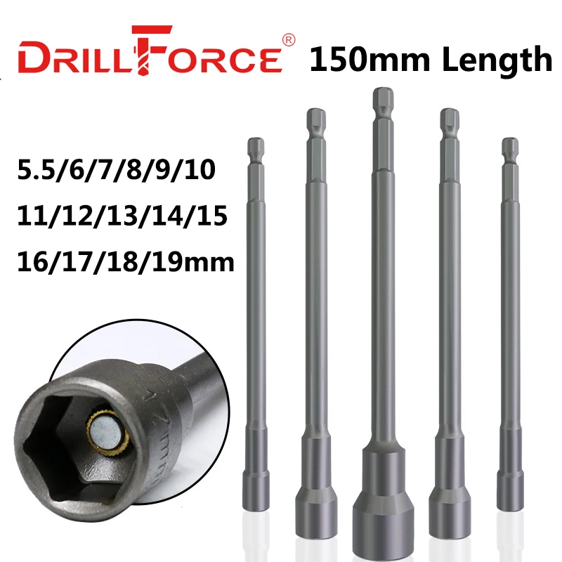 Drillforce 5.5-19x150mm Magnetic Nut Driver Set Impact Socket Sleeve Adapter Screwdriver Drill Bit 1/4\