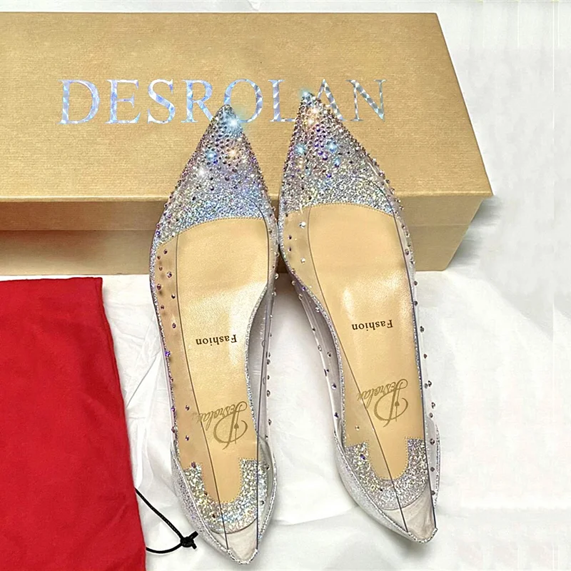 New Spring Flat Shoes Woman Shoes PVC transparent Pumps Shallow lighter Crystal Shoes Diamond pointed Hidden Heel Wedding shoes