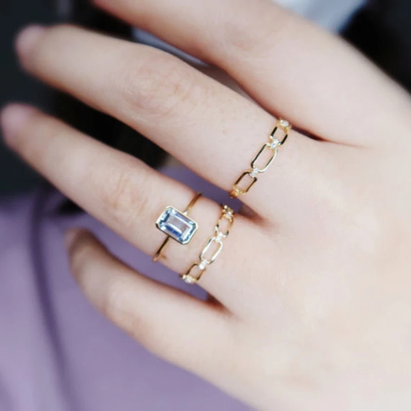 Unique original new rectangular aquamarine minimalist design opening adjustable ring exquisite charm luxury ladies jewelry