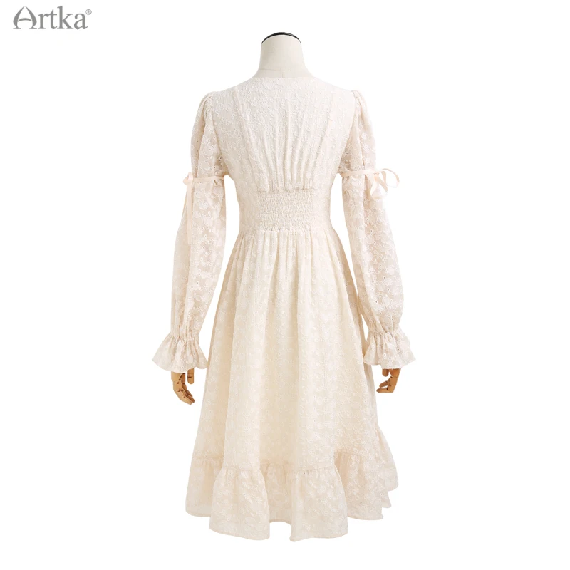 ARTKA 2021 Early Autumn New French Square Collar Embroidery Chiffon Dresses Long Puff Sleeve Ruffle Midi Dress Women LA22012Q