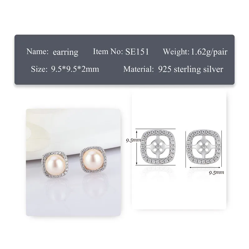 CLUCI Real 100% Sterling Silver 925  Earrings Square Zircon Pearl Stud Earrings Fittings for  Women SE151SB