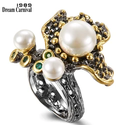 DreamCarnival 1989 Blooming Flower Pearls Ring for Women Wedding Engagement Green Tone Zirconia Black Gold Color Jewelry WA11755