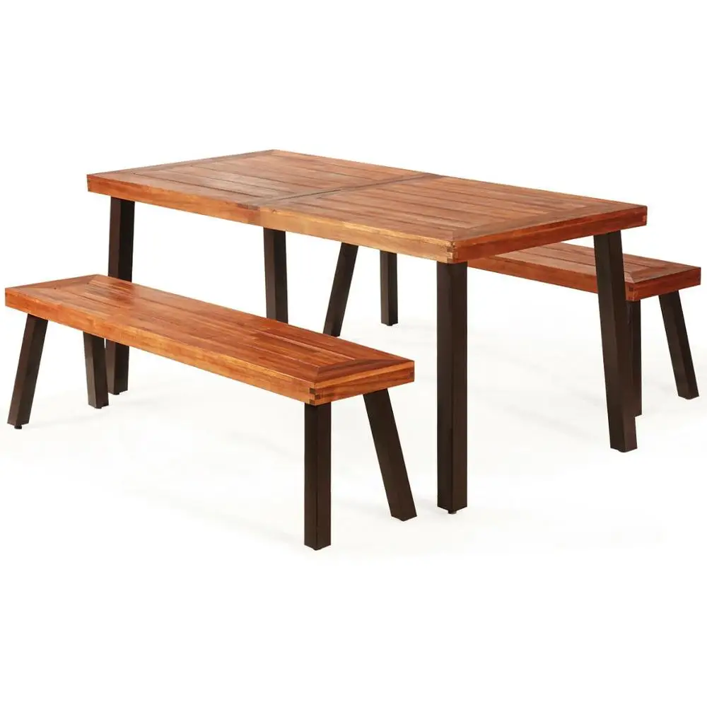 

3 Pieces Picnic Table Set Acacia Wood Table Bench with Steel Legs Outdoor Patio HW66353+HW66354