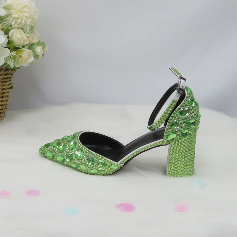 BaoYaFang Light Green Crystal Sandals Women\'s wedding shoes with matching bag Bride Pointed toe Thick Heel Buckle Sandals woman