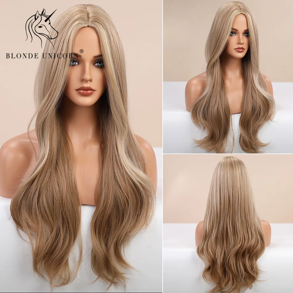 Blonde Unicorn Ombre Long Wavy Light Blonde Synthetic Wig for White Black Women Daily Party High Density Temperature Fibre Hair