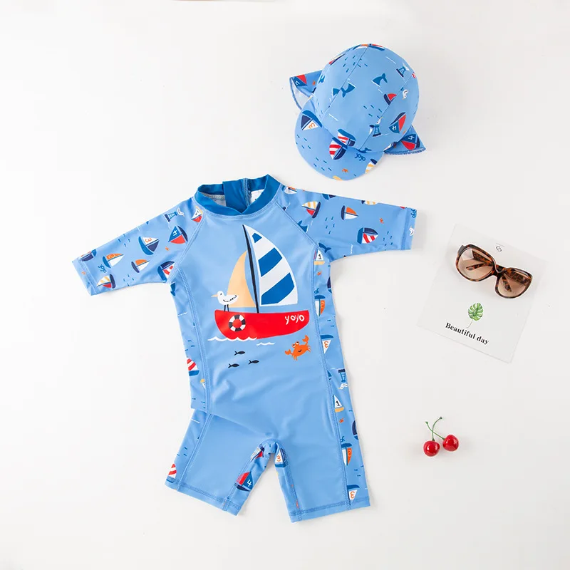 Baby Swimsuit One-Piece Children\'s Swimwar Shark Dinosaur Bodysuit Bathing Suit Kids with Sleeves Anti-UV Boys Swimming Suit