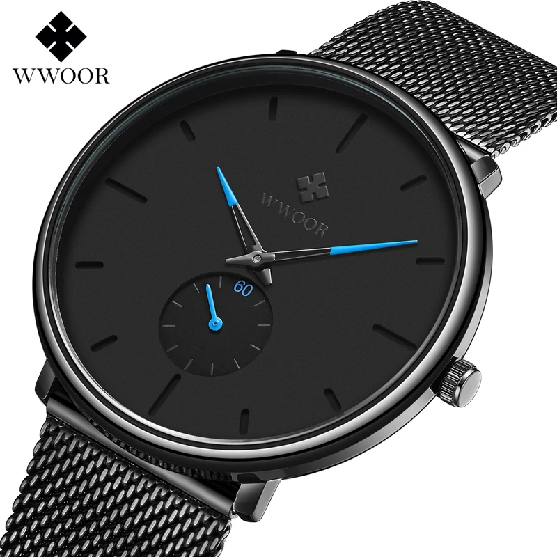 WWOOR Simple Watch Men Mesh band Second Sub-dial Fashion Casual Ultra Thin Analog Quartz Wrist Watches relogio masculino