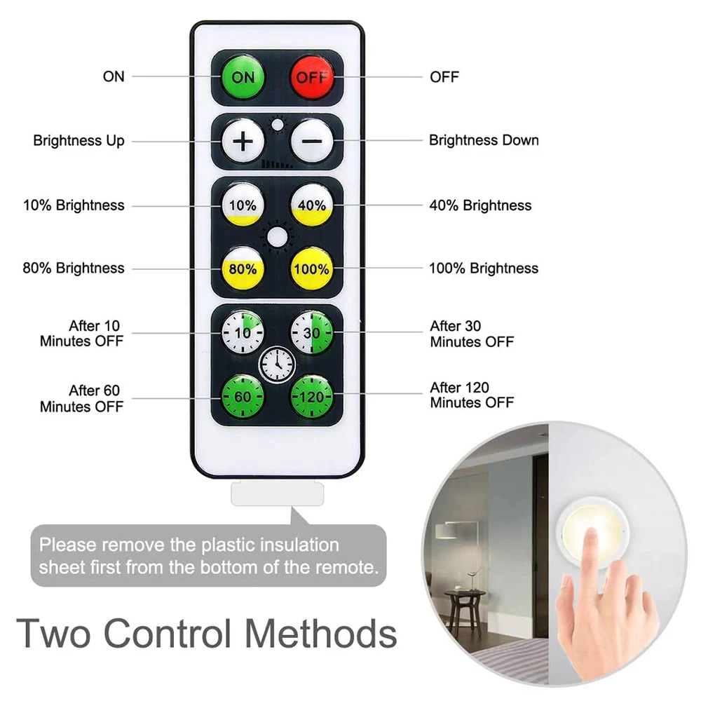 Imagem -04 - sem Fio Led Puck Parede Luz Controle Remoto Regulável Temporização Lâmpada de Parede Cor Branca Alimentado por Bateria Iluminação Interior Armário Escadas