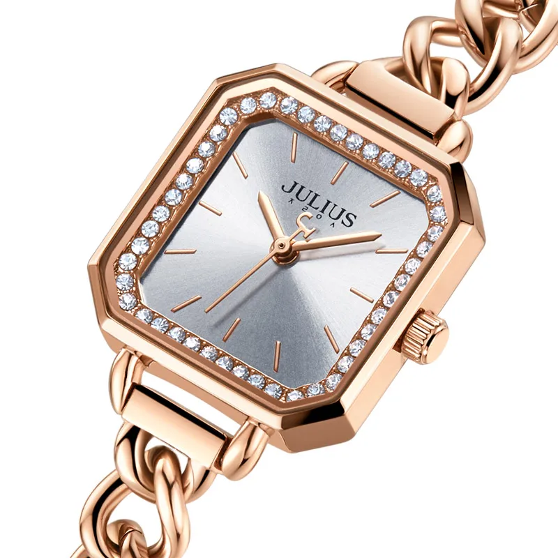 Julius Watch  JA-1292 Women Stainless Steel Bracelet Band Square Face With A Circle Of Crystal Top Brand Luxury Watch