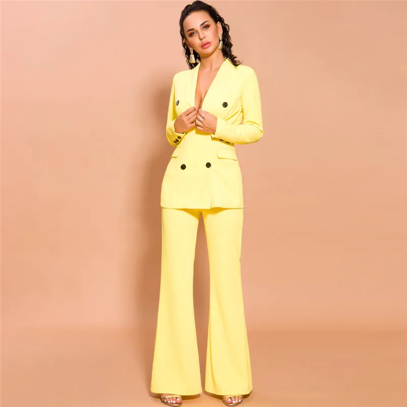 Giallo donna abiti da lavoro doppio petto Blazer donna pantalone abiti 2 pezzi smoking abiti per abito da sposa Blazer su misura