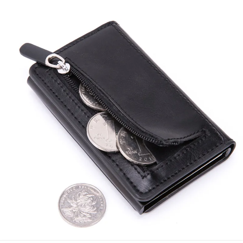 Bycobecy Custom Carbon Fiber Credit Card Holder Men Leather Zipper Coin Wallet Metal Box Smart Wallet Anti-theft RFID CardHolder