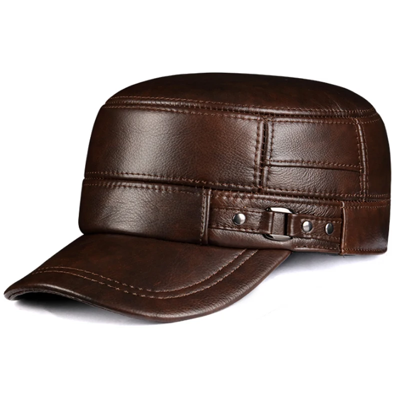 Genuine Leather First layer cowhide Cap Men Flat Caps Army Military Hat Elegant Man Baseball Cap Adjustable British Vintage