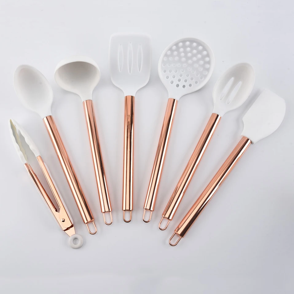 7 Piece Set White Silicone and Copper Cooking Utensils for Modern Cooking and Serving, Stainless Steel Copper Serving Utensils