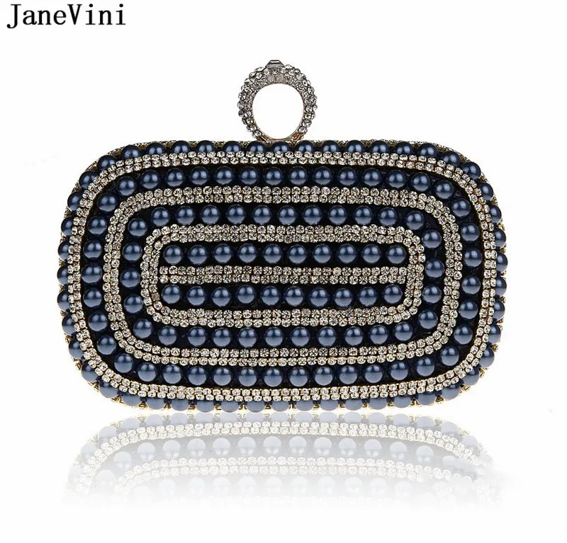 JaneVini-Bolso de mano con perlas y diamantes de imitación para mujer, billetera de fiesta nocturna, bolso de anillo dorado y negro con cuentas para Banquete de noche