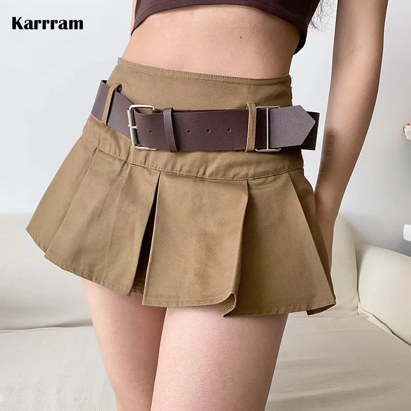 Karrram Casual Brown Pleated Mini Skirt Ladies High Waisted Short Skirts Womens With Belt Korean Fashion 90s Summer Streetwear