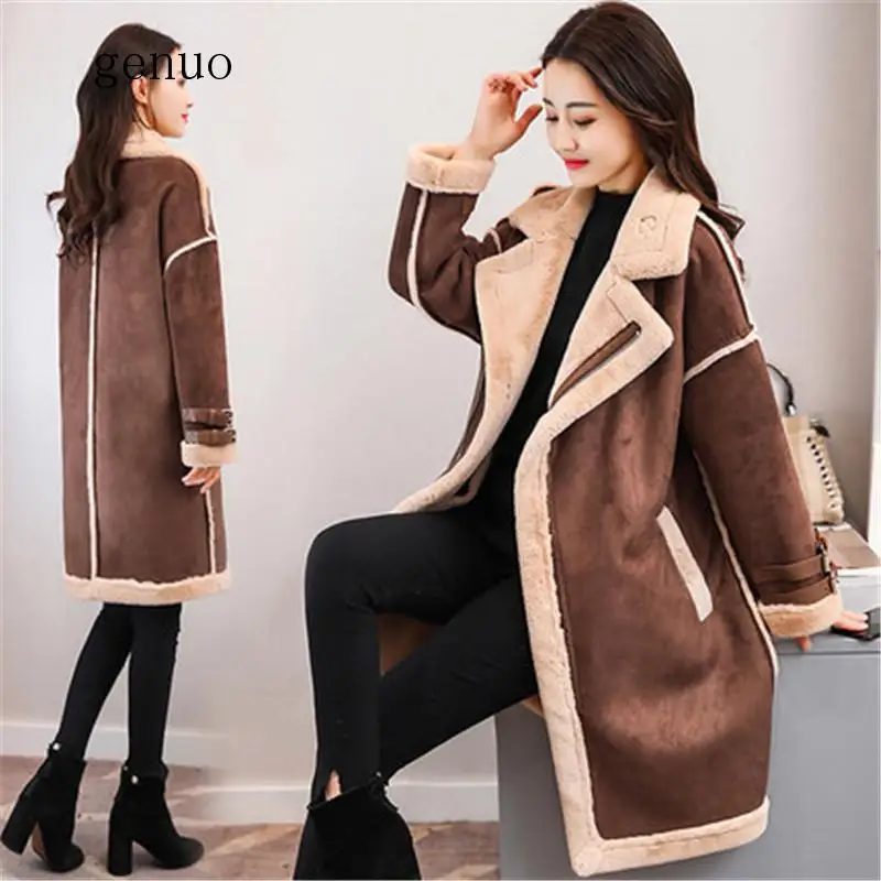 2020 Winter Female Suede Leather Jacket Women Long Deerskin Wool Motorcycle Jacket Thick Lambs Wool Warm Zip Parka Coat