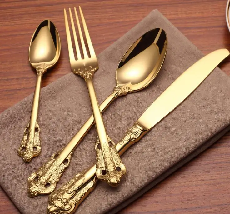 Vintage Western Gold Plated Dinnerware Dinner Fork Knife Set Golden Cutlery Set Stainless Steel 4pcs Engraving Tableware