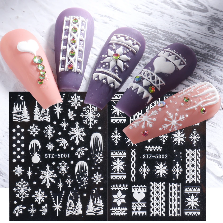 Pegatina de decoración de uñas de Navidad de invierno 5D, encantos en relieve, copos de nieve, diseño de uñas francesas, esmalte de Gel, calcomanías de manicura GLSTZ5D