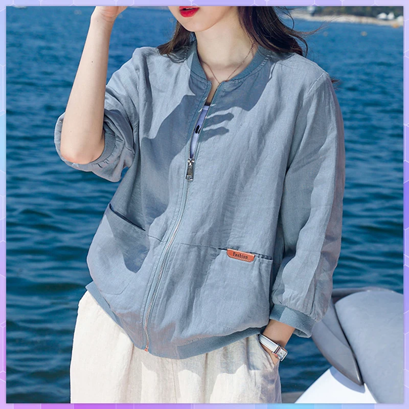 Summer Oversized T-shirt Thin Cotton And Linen Top Baseball Uniform Jacket Female Large Size Tshirt Femme 2021 Solid Tee Shirt