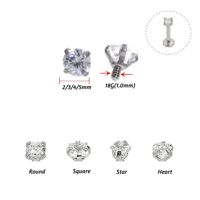 10Pcs 1.0x2-5mm Zircon Top Part For Ear Cartilage Tragus Piercing Body Jewelry DIY Component For Monore Labret Lip Stud