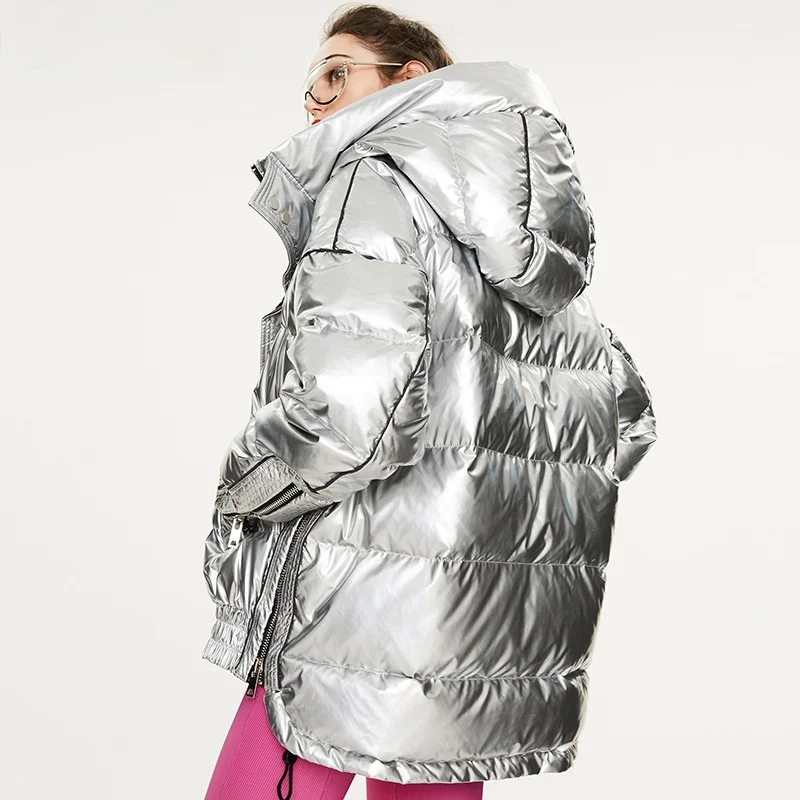 2022 winter jacket women white duck down jacket coat silver Laser bright surface outerwear streetwear thick warm overcoat