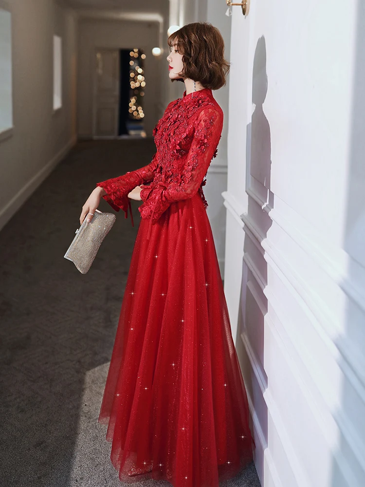 Wine Red Long Sleeve Evening Dresses For Women 2020 Vintage High Neck Luxury Beading Appliques Elegant Formal Gown