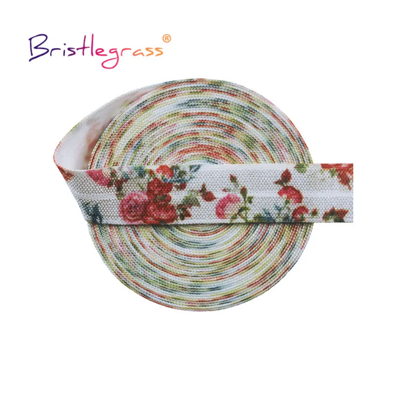 

BRISTLEGRASS 2 5 10 Yard 5/8" 15mm Peony Flower Butterfly Print Foldover Elastic FOE Spandex Satin Band Hair Tie DIY Sewing Trim