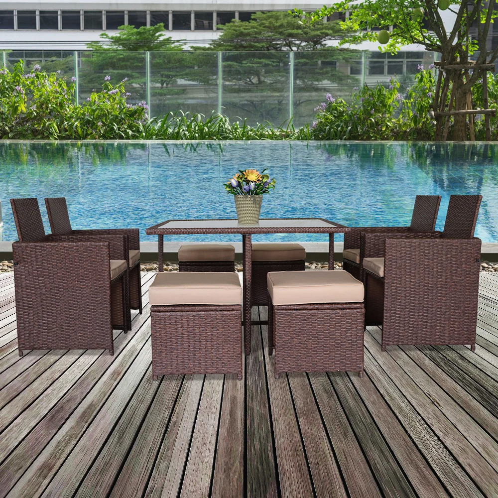 Outdoor Furniture Set 9 Pieces Wood Grain PE Wicker Rattan Dining Ottoman with Tempered Glass Table Patio Furniture Set