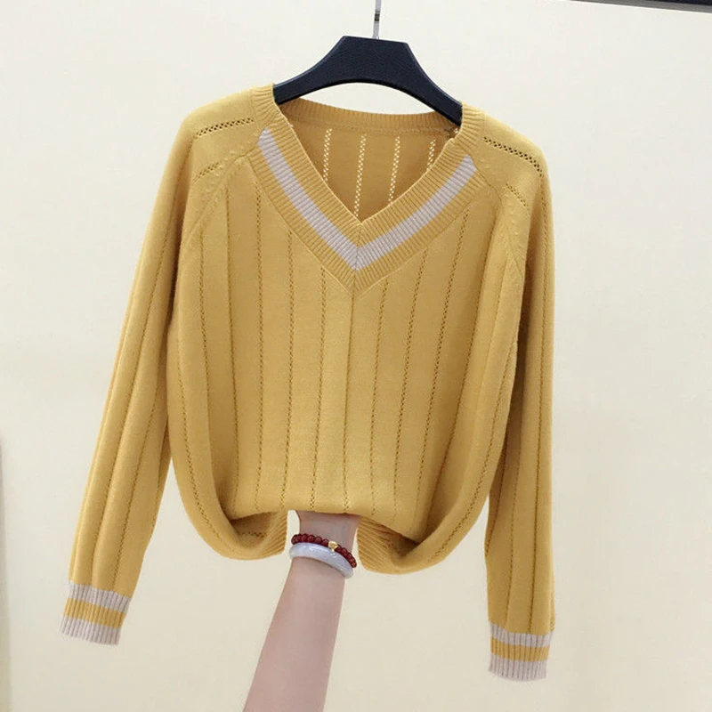 shintimes Hollow Out Knitted Pullover Women Long Sleeve 2020 Fall V-Neck Sweater Female Contrast Color Casual Womens Pull Femme