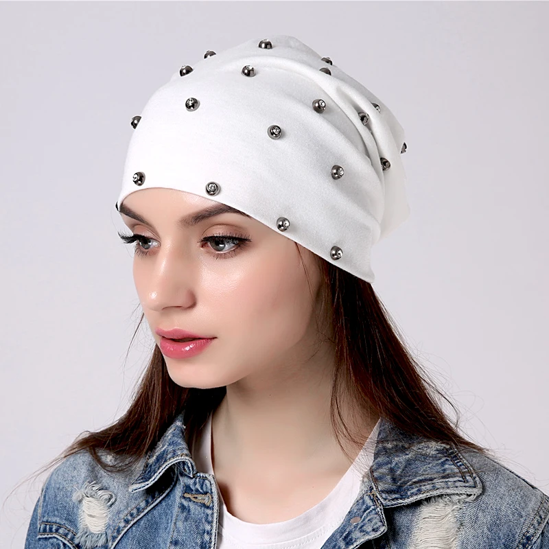 Geebro Women Fashion Cotton Skullies Beanies Girls With Rhinestones Accessories Hats Female Lady Knitted Solid Color Soft Caps