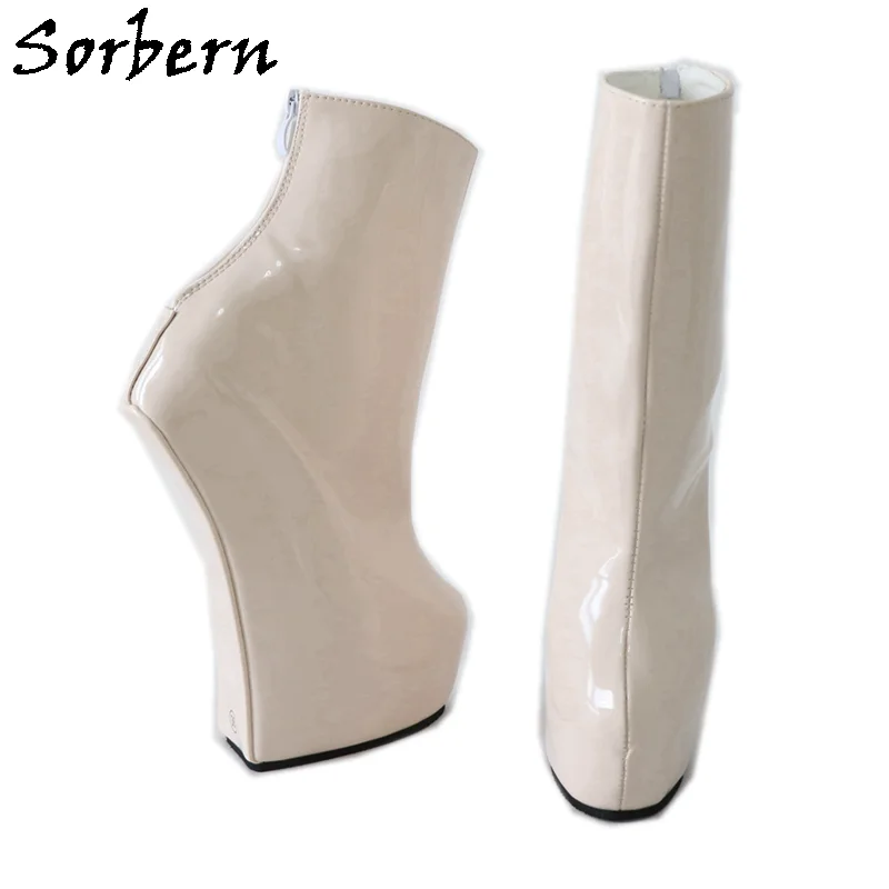 Sorbern Beige Patent Ankle Boots Wedge Heelless Zipper Hoof Shoes Ladies Thick Platform Custom Wide Fit Calf Boots Drag Queen