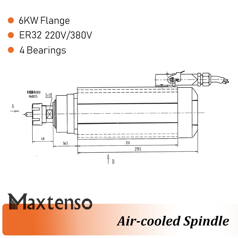 MAXTENSO 6KW Flange 220V 380V Air Cooling Spindle Motor CNC Router ER32 Collet GDZ120x103-6 High Quality 4pcs Bearings Engraving