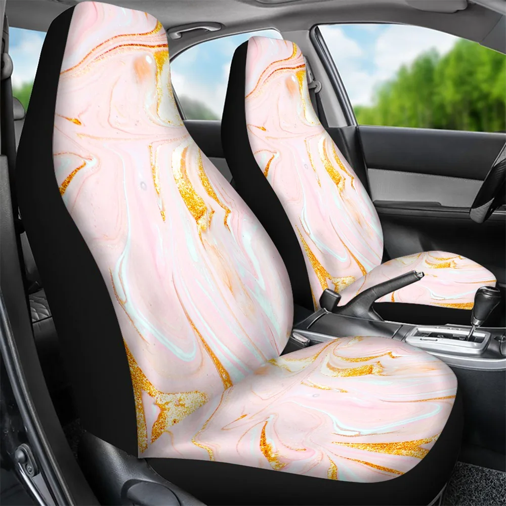 Fashion Chic Girly Marble Printing Universal 2pcs Car Front Seat Covers Cloth Interior Accessories Full Cover New