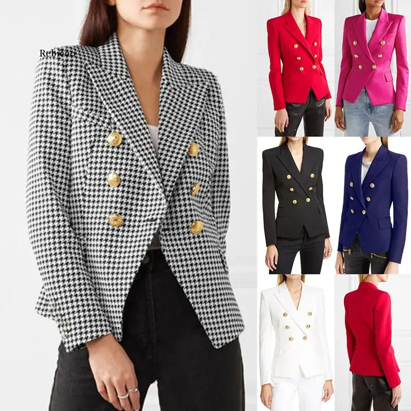 

Newest Classic Designer Jacket Women's Silver Lion Buttons Double Breasted Slim Fit Textured Blazer