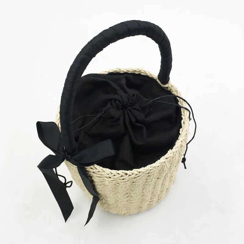 Handmade Women\'s Handbag Bucket Straw Bag Female Summer Beach Bags Bohemia Woven Bow Top-handle Tote Knitted Drawstring Basket