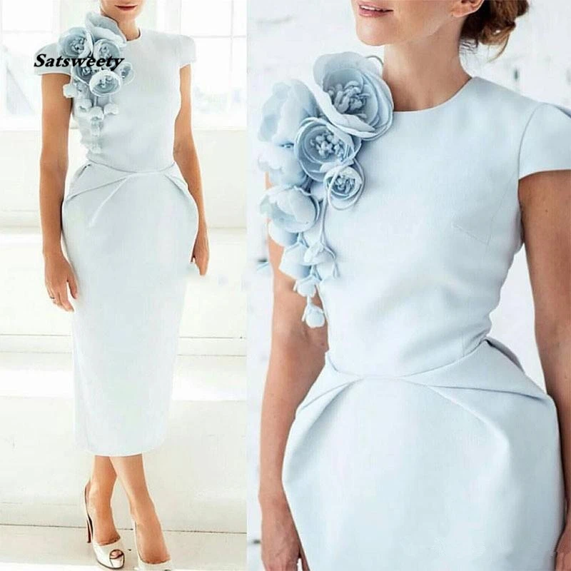 

Elegant Formal Prom Dresses with Hand Made Flower Pageant Capped Short Sleeve Tea-Length Prom Party Cocktail Gown