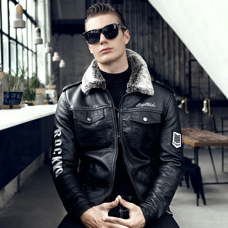 New men's fur collar leather jacket men's jacket Korean version of the slim plus velvet thick jacket male handsome trend