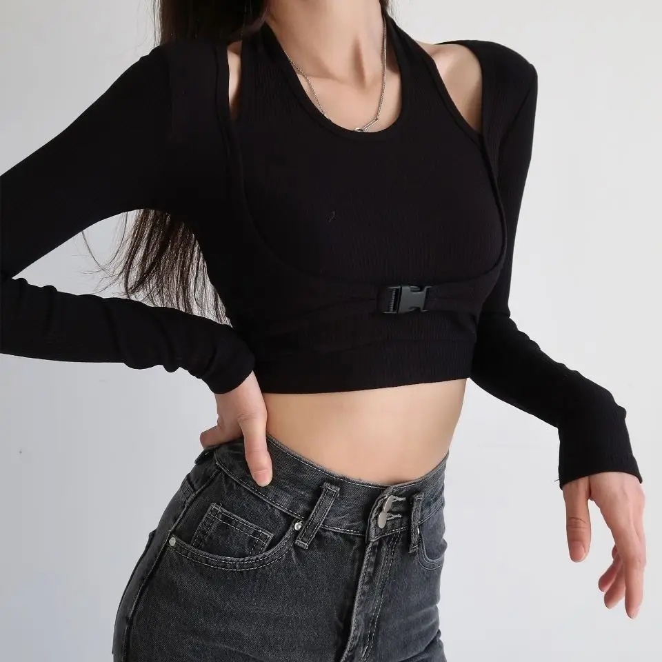 Slim Fit Long Sleeve T-shirts Women Solid Stylish S-3XL Simple Chic Halter Fake-two Pieces Crop Tops Female All-match Fashion