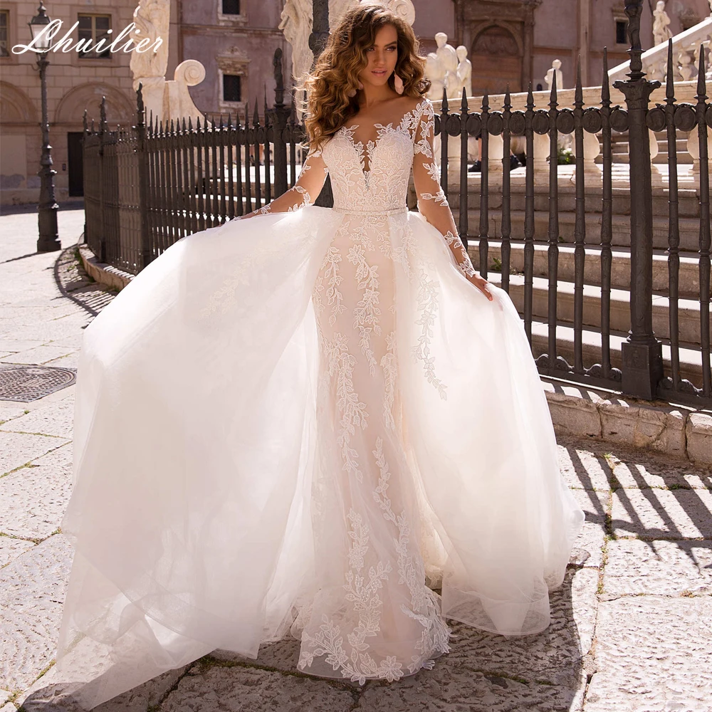 

Lhuilier Customized Women's Mermaid Lace Wedding Dresses Floor Length Full Sleeves Bridal Dress with Detachable Train