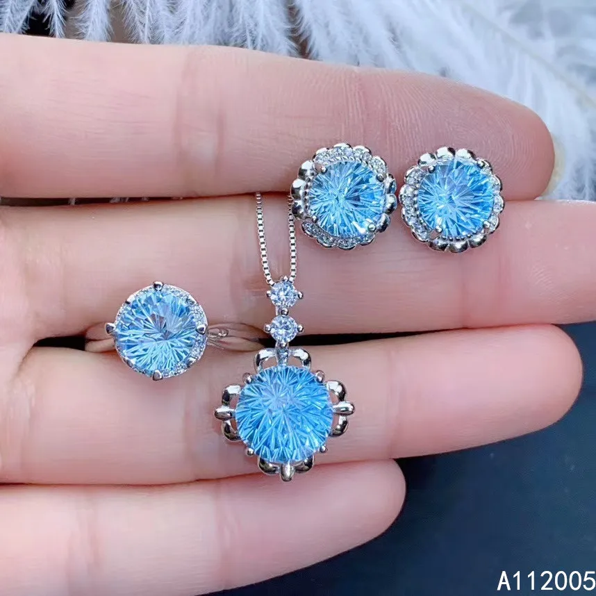 

KJJEAXCMY Fine Jewelry 925 sterling silver inlaid natural blue topaz female ring pendant earring set vintage supports test