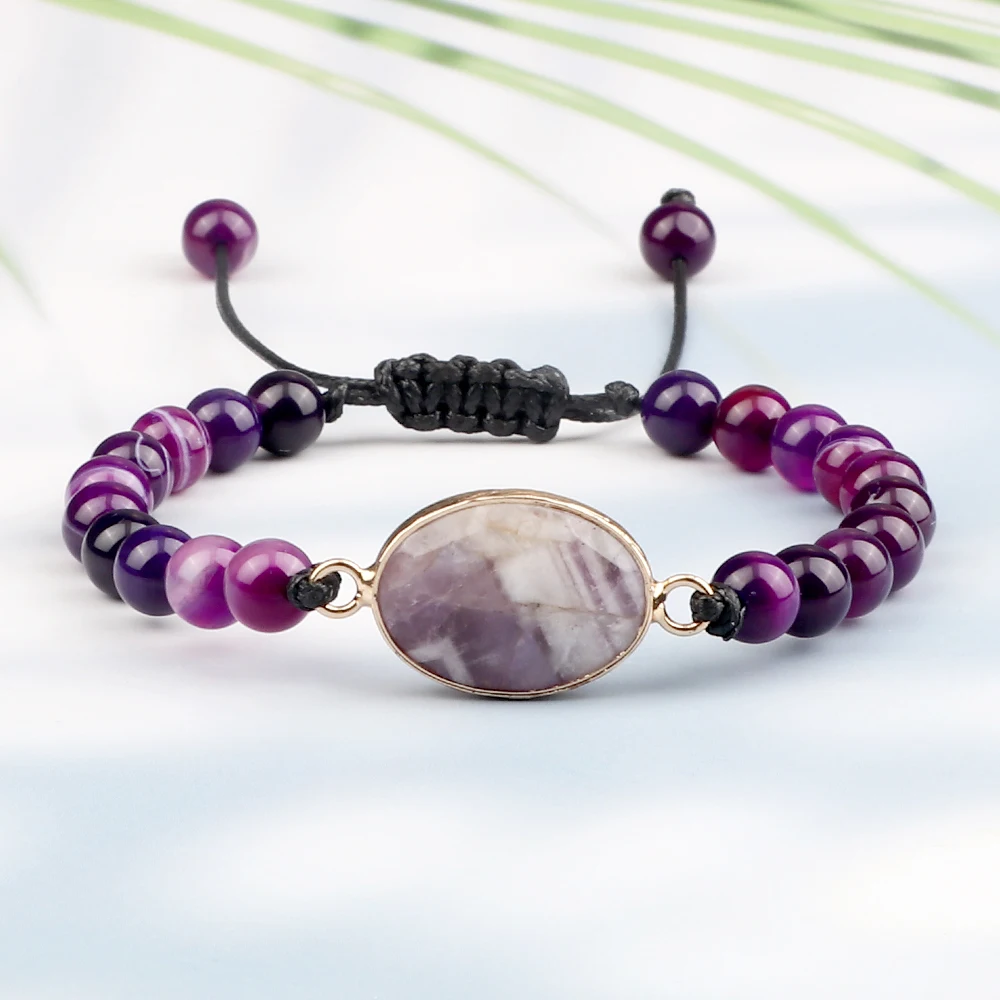 Natural Purple Stripe Onyx Stone Adjustable Beads Bracelets Braided String Bangle Yoga Bohemia Handmade Women Men Jewelry Gifts