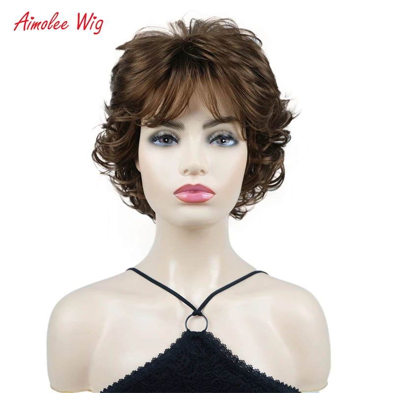 Aimolee 10 Inch Short Wavy Natural Fluffy Women Synthetic Wigs with Bangs Mother's Day Wig