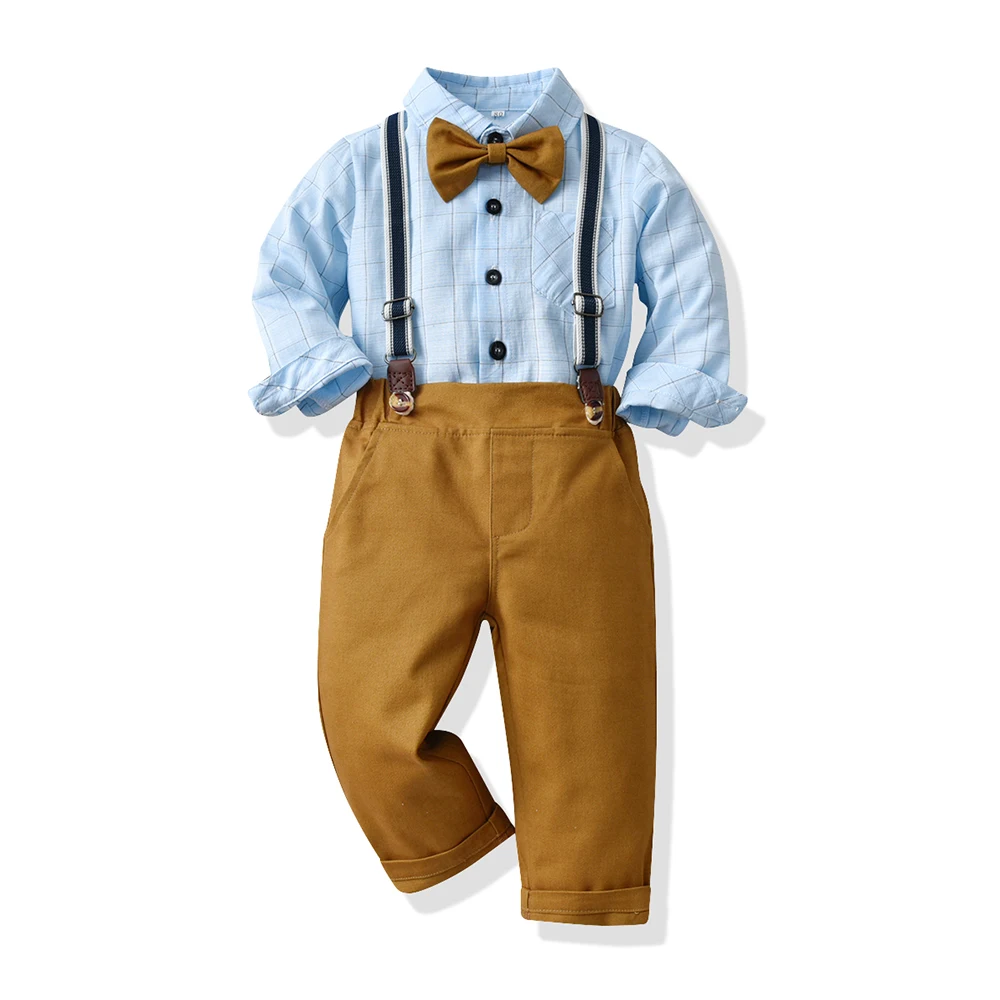 

top and top Autumn Baby Boy Gentleman Clothing Set Toddler Boys Formal Suits Long Sleeve Plaid Bowtie Shirt+Suspender Pants Set