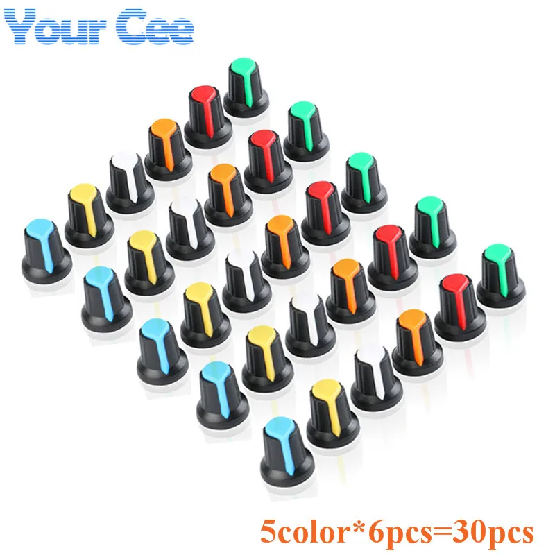 30PCS/lot WH148 Potentiometer Knob Kit Plastic Knobs Cap 6mm Shaft Hole AG2 Yellow Orange Blue White Red 5value*6PCS=30PCS